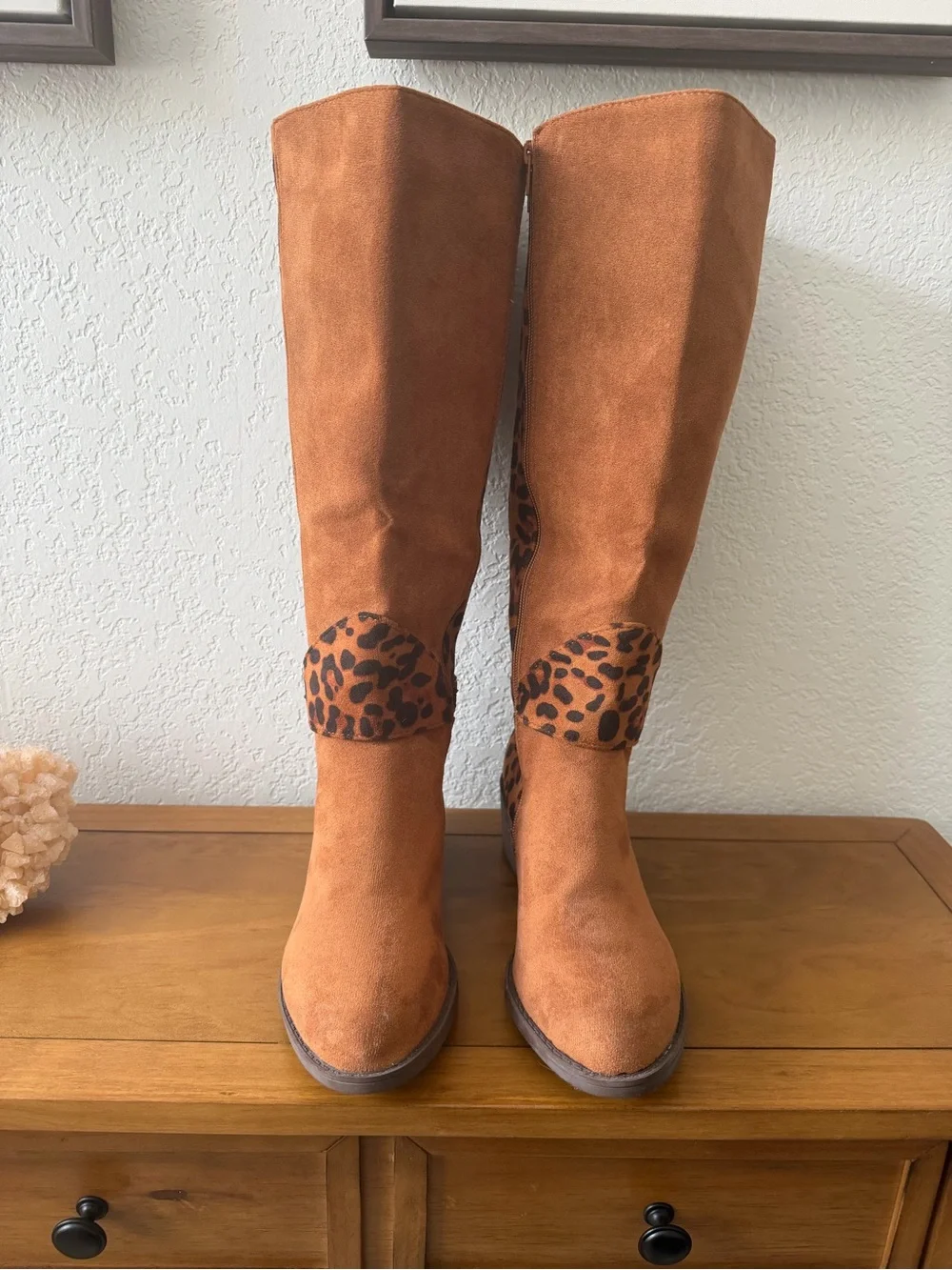 Women's Tall Brown Faux Suede Boots with Leopard Accent